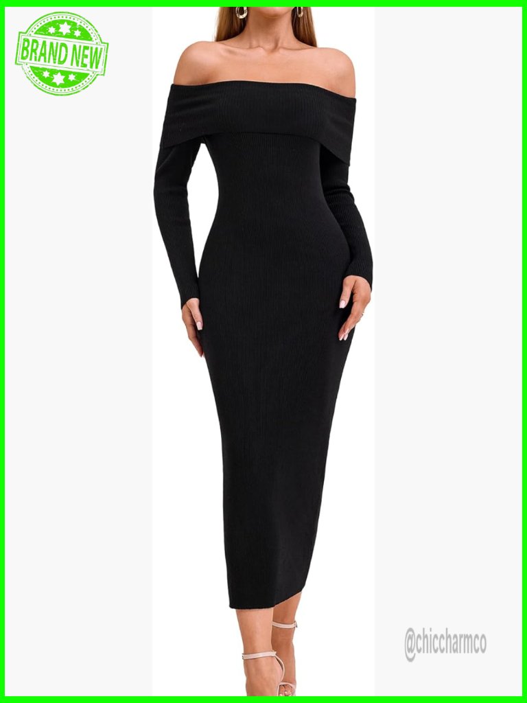 Off Shoulder Bodycon Long Sleeve Knit Midi Dress Formal Cocktail Party